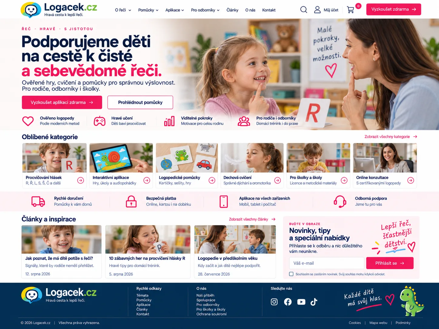 Ilustrační návrh webu Logacek.cz v tmavě modré, růžové, žluté a zelené barvě s dětskými logopedickými motivy